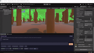 Full Unity editor view with Claude Code generating a forest in first-person